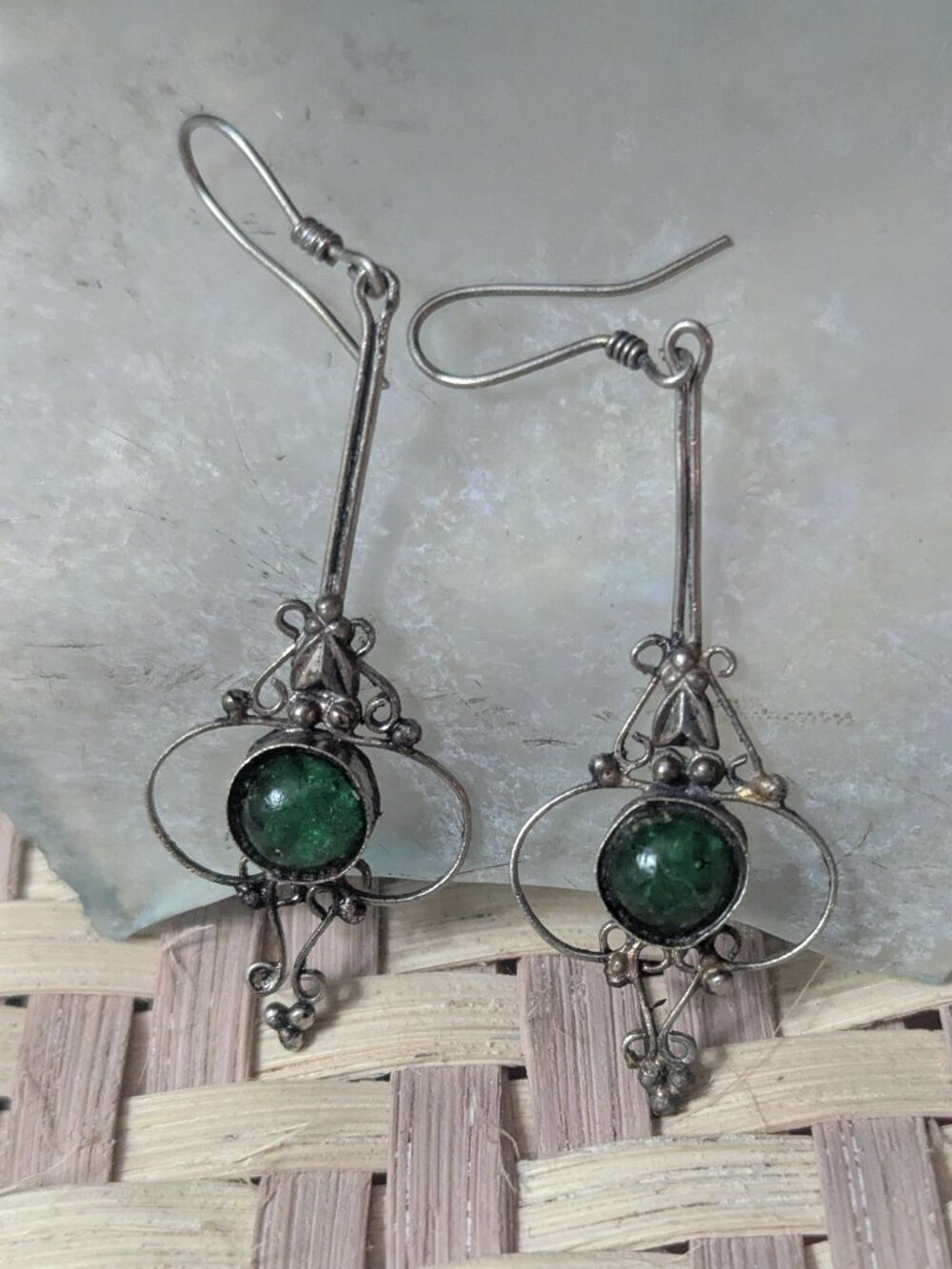 Vintage Silver filigree earrings with green glass